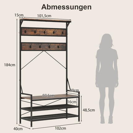Garderobenständer mit Schuhbank und Regal – Braun, Metallrahmen