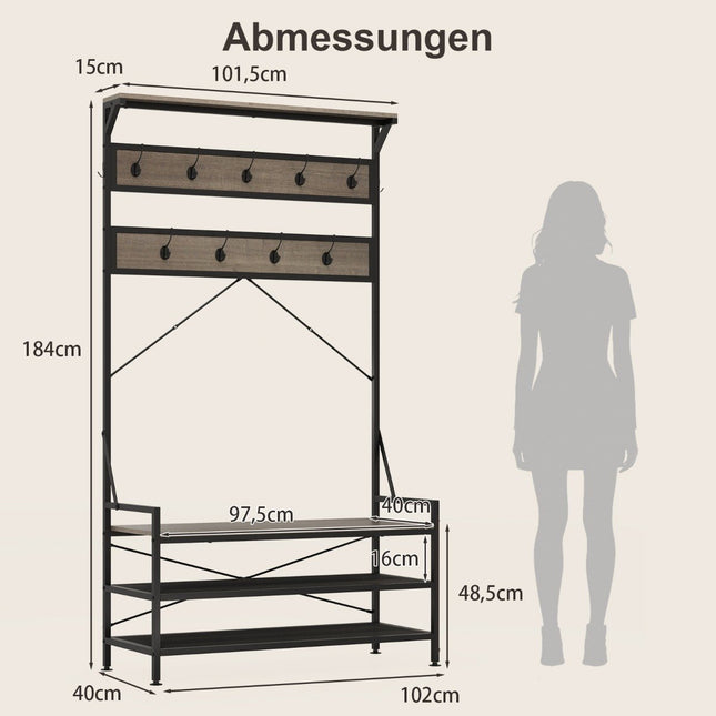 Coat Rack with Shoe Bench and Storage Shelves, Grey