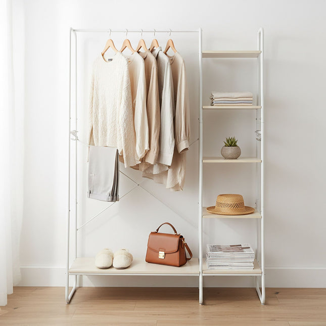 Coat Rack with Shoe Shelf – Metal Frame, Wood Shelves