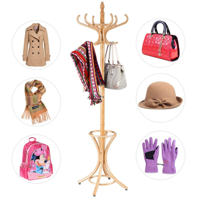 Coat Rack with Umbrella Stand, 12 Hooks, Natural Wood