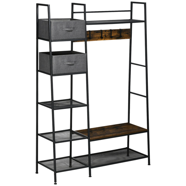 Rustic brown coat hanger with bench & fabric drawers, 185cm