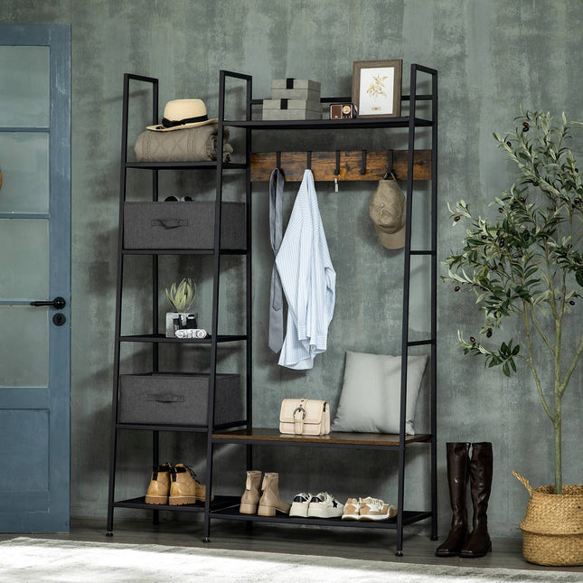 Rustic brown coat hanger with bench & fabric drawers, 185cm
