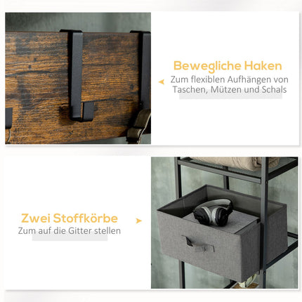 Rustikaler brauner Garderobenständer mit Sitzbank & Stoffschubladen, 185 cm