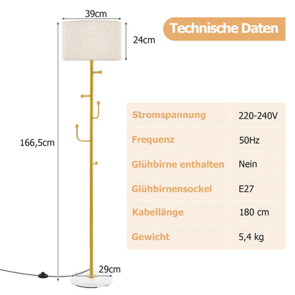 Stojací lampa s věšákem, 5 háčků, patice E27, nožní vypínač