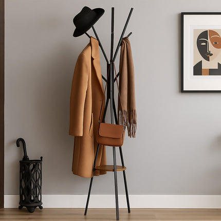 Garderobenständer mit Ablage, 6 Haken, Baumdesign