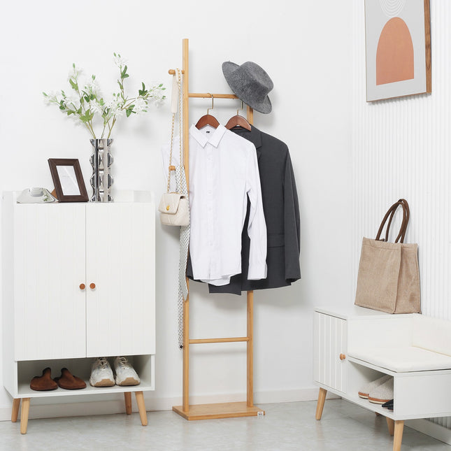 Garderobenständer aus natürlichem Bambus – 2 Haken, 3 Stangen, 36x24x168 cm