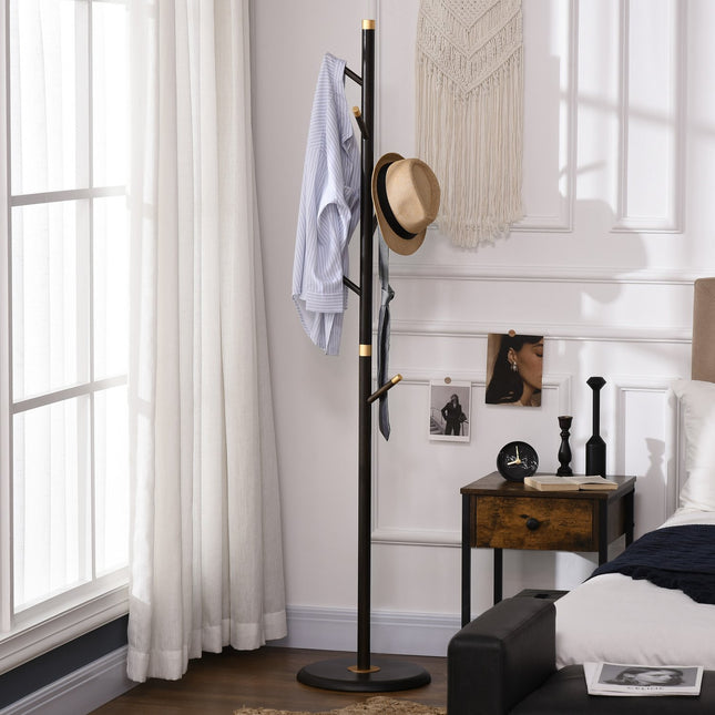 Standing metal coat hanger, 6 hooks, walnut finish, 180 cm