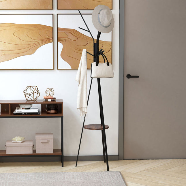 Clothes rack in brown metal with shelf - 8 hooks, 45x45x180cm