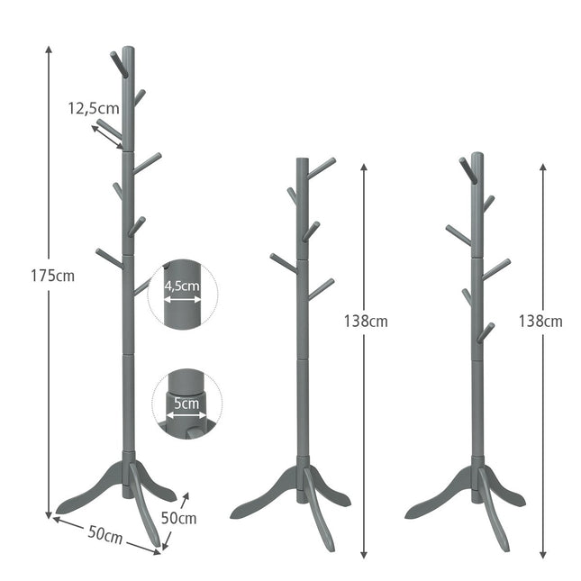 Garderobenständer mit 8 Haken, Kleiderständer aus Holz, höhenverstellbar, 175 cm, grau