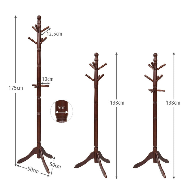 Coat rack with 9 hooks free-standing clothes rack with adjustable height 175 cm brown