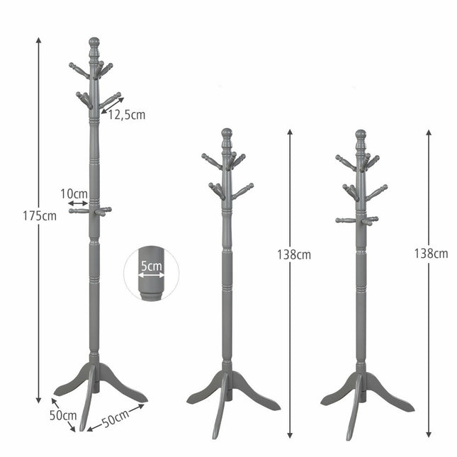 Coat rack with 9 hooks free-standing clothes rack with adjustable height 175 cm gray