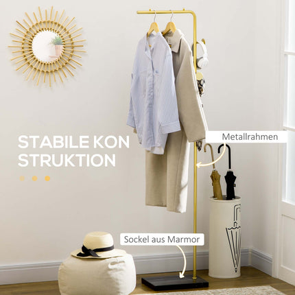 Clothes hanger with hooks, marble base - gold & black, 35x25x170 cm