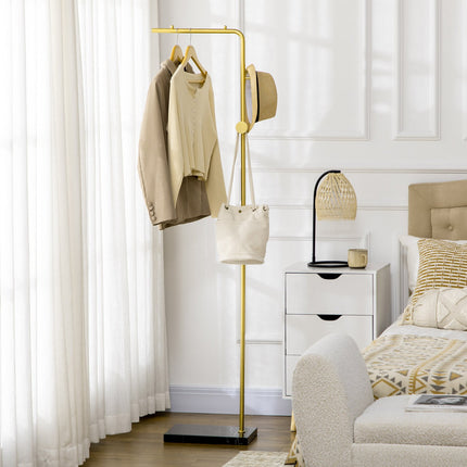 Clothes hanger with hooks, marble base - gold & black, 35x25x170 cm