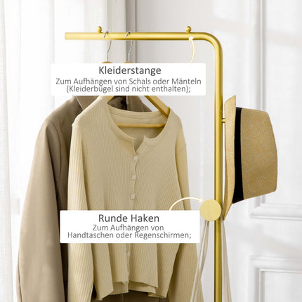 Clothes hanger with hooks, marble base - gold & black, 35x25x170 cm