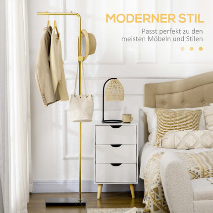 Clothes hanger with hooks, marble base - gold & black, 35x25x170 cm