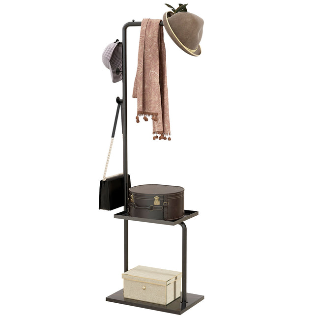 Black coat & hat shelf with hooks and tray - 148 cm