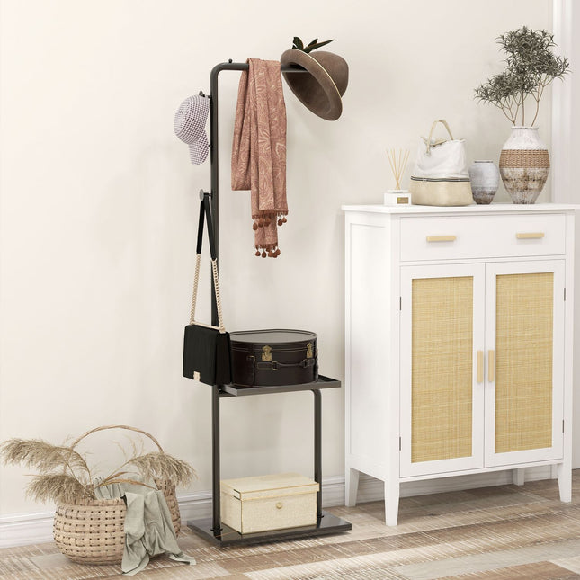 Black coat & hat shelf with hooks and tray - 148 cm