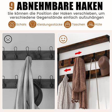 Stojanový věšák s 9 háčky a botníkem se 3 patry, industriální design, hnědý