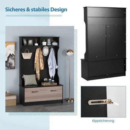 Garderobenständer mit Bank &amp; 5 Doppelhaken Garderobenständer Flurgarderobe 100 x 40 x 160 cm Schwarz
