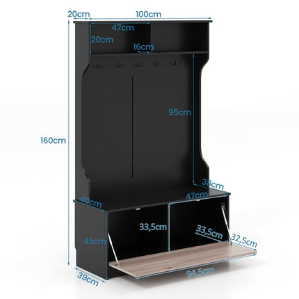 Garderobenständer mit Bank &amp; 5 Doppelhaken Garderobenständer Flurgarderobe 100 x 40 x 160 cm Schwarz