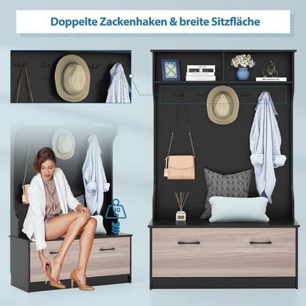 Garderobenständer mit Bank &amp; 5 Doppelhaken Garderobenständer Flurgarderobe 100 x 40 x 160 cm Schwarz