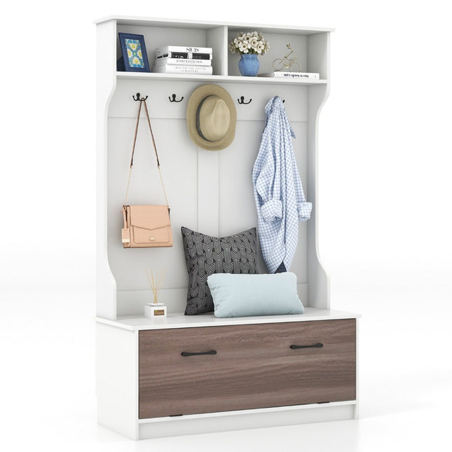 Coat stand with bench & 5 double hooks coat rack hallway coat rack 100 x 40 x 160 cm white