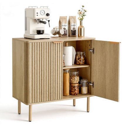Coffee Bar Cabinet, Fluted Oak, 2 Barn Doors, 80 cm