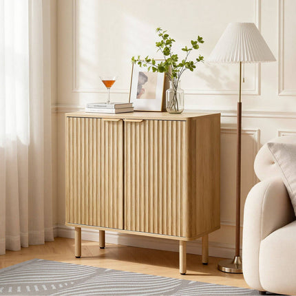 Coffee Bar Cabinet, Fluted Oak, 2 Barn Doors, 80 cm