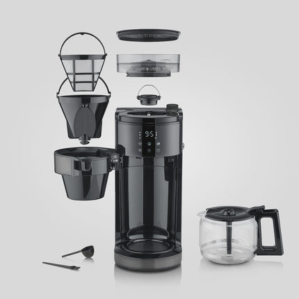 Kaffeemaschine mit Mahlwerk, 10 Tassen Fassungsvermögen, Dunkles Inox