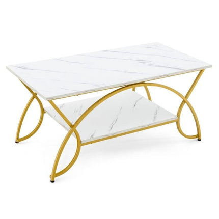 Couchtisch, 2-stöckige Kunstmarmorplatte, Goldmetallrahmen