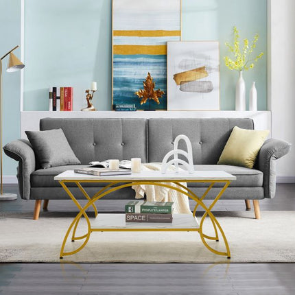 Couchtisch, 2-stöckige Kunstmarmorplatte, Goldmetallrahmen