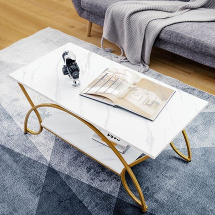 Couchtisch, 2-stöckige Kunstmarmorplatte, Goldmetallrahmen