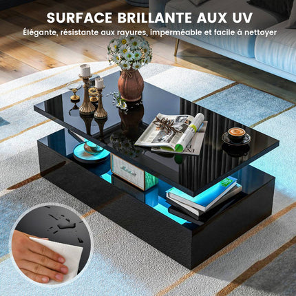 Coffee Table, 2-Tier LED Lights, Remote, Glossy Black, 110x60cm