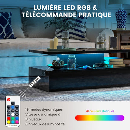 Coffee Table, 2-Tier LED Lights, Remote, Glossy Black, 110x60cm