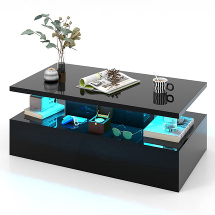 Coffee Table, 2-Tier LED Lights, Remote, Glossy Black, 110x60cm
