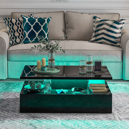 Coffee Table, 2-Tier LED Lights, Remote, Glossy Black, 110x60cm