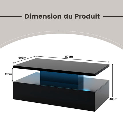 Coffee Table, 2-Tier LED Lights, Remote, Glossy Black, 110x60cm
