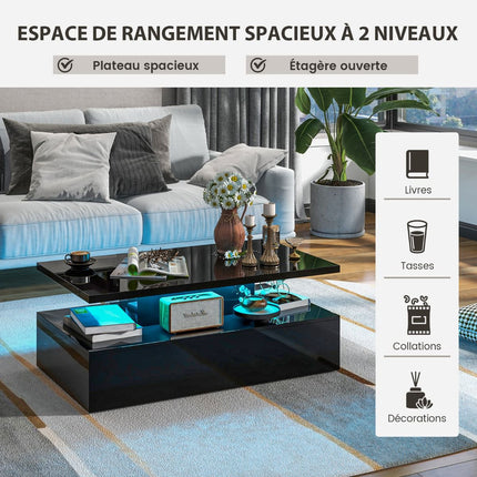 Coffee Table, 2-Tier LED Lights, Remote, Glossy Black, 110x60cm