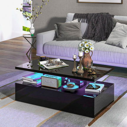Coffee Table, 2-Tier LED Lights, Remote, Glossy Black, 110x60cm
