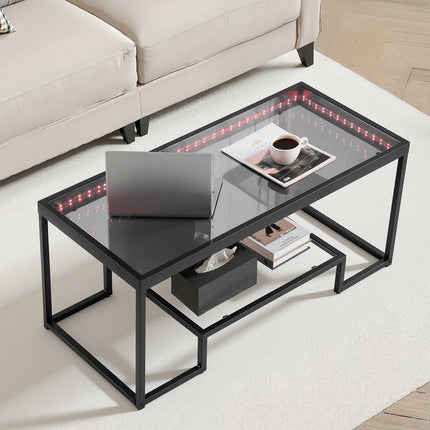 Coffee Table – 2-Tier Tempered Glass, LED Lighting