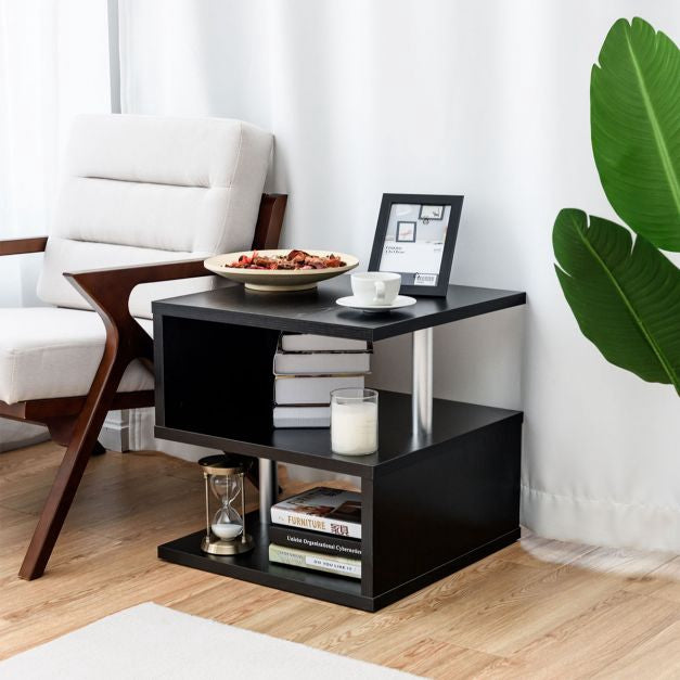 Coffee Table, 3-Tier Storage Shelves, Black