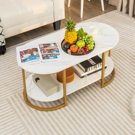 Coffee Table, Faux Marble Top, 2-Tier Storage Shelf