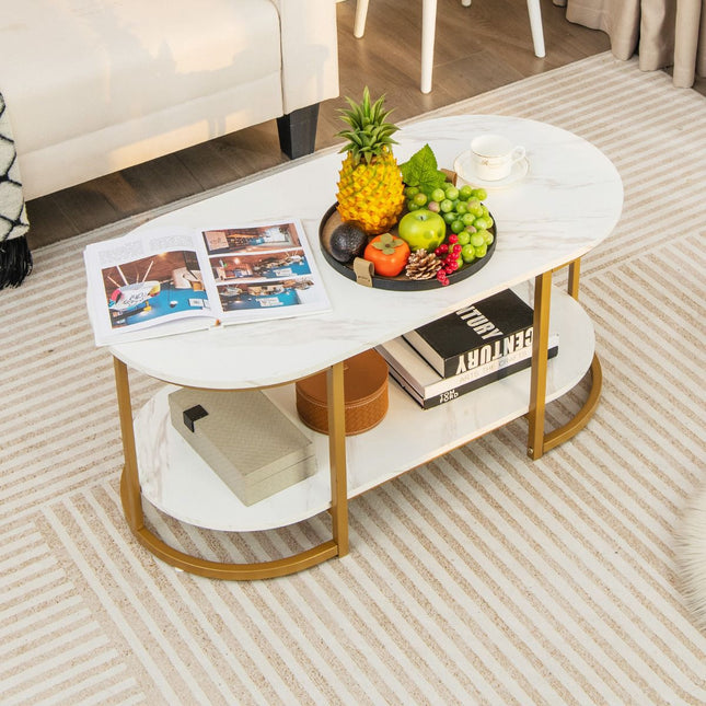 Coffee Table, Faux Marble Top, 2-Tier Storage Shelf