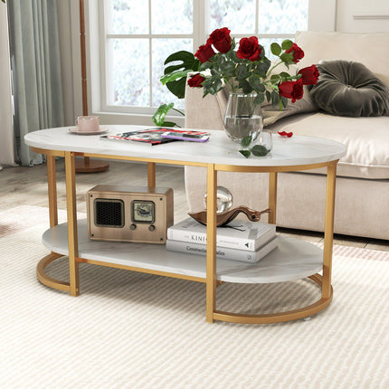 Coffee Table, Faux Marble Top, 2-Tier Storage Shelf