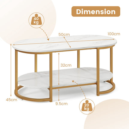 Coffee Table, Faux Marble Top, 2-Tier Storage Shelf