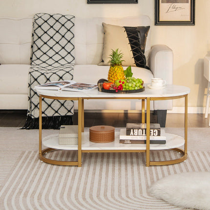 Coffee Table, Faux Marble Top, 2-Tier Storage Shelf