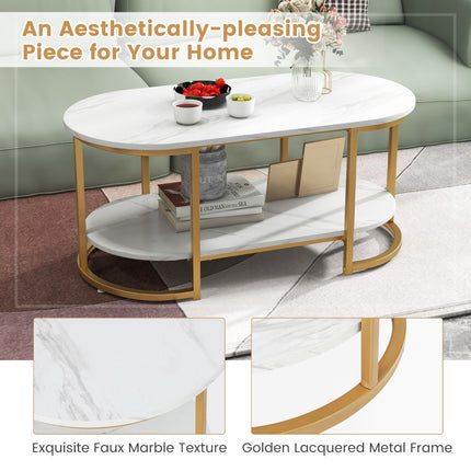 Coffee Table, Faux Marble Top, 2-Tier Storage Shelf
