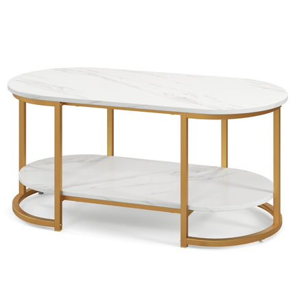 Coffee Table, Faux Marble Top, 2-Tier Storage Shelf