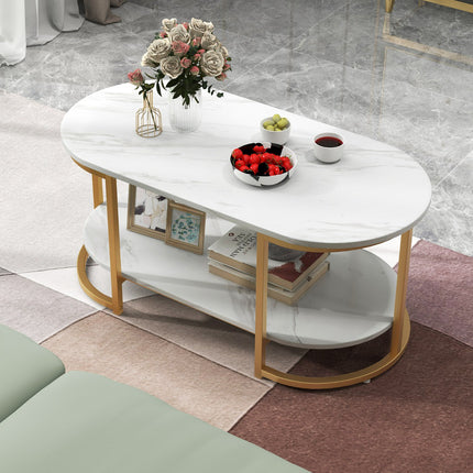 Coffee Table, Faux Marble Top, 2-Tier Storage Shelf