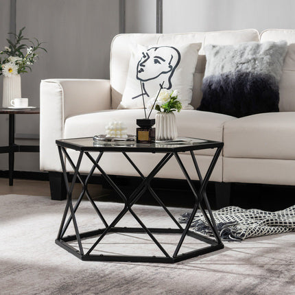 Couchtisch, sechseckige Tischplatte aus gehärtetem Glas, Metallbeine